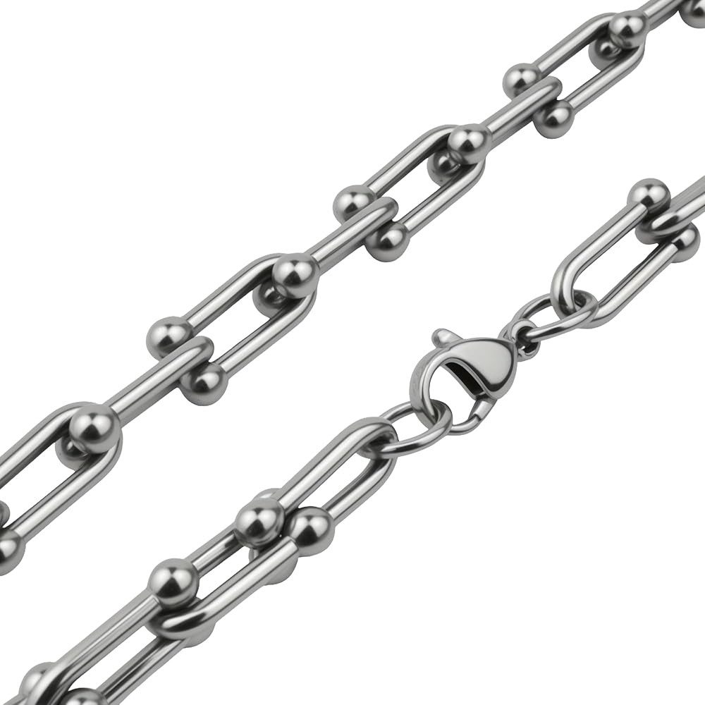 Stainless Steel Chain Necklace, Silvery, U-Shaped Link Design with Beads, Men's Fashion Jewelry, ... | Amazon (US)
