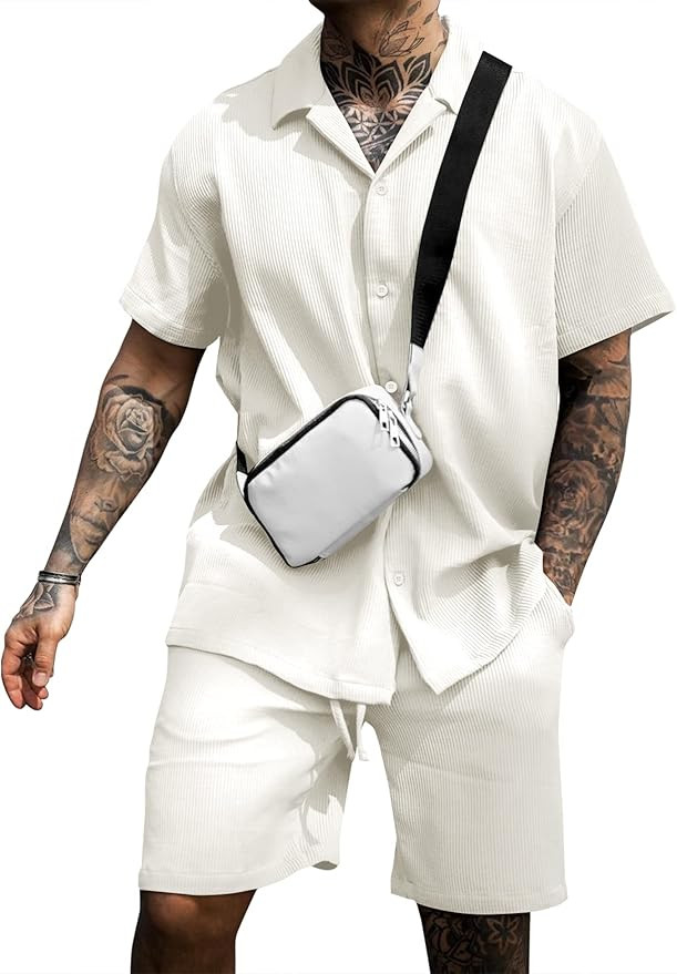 AstoSeu Men's Shirt and Shorts Set Short Sleeve Casual Button Down Summer Outfits | Amazon (US)