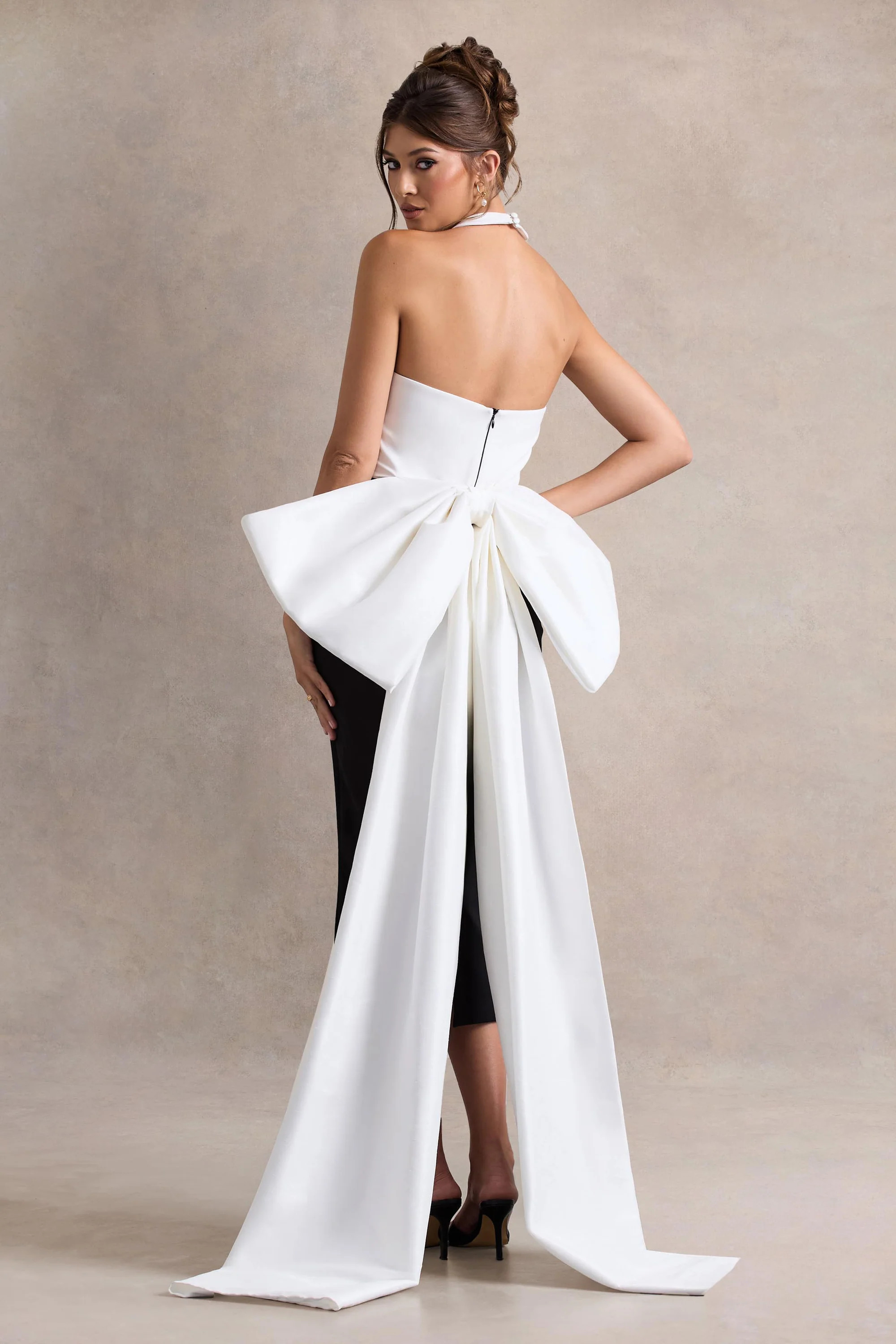 Blanca | Black & White Halter-Neck Cut-Out Midi Dress With Oversized Bow | Club L London