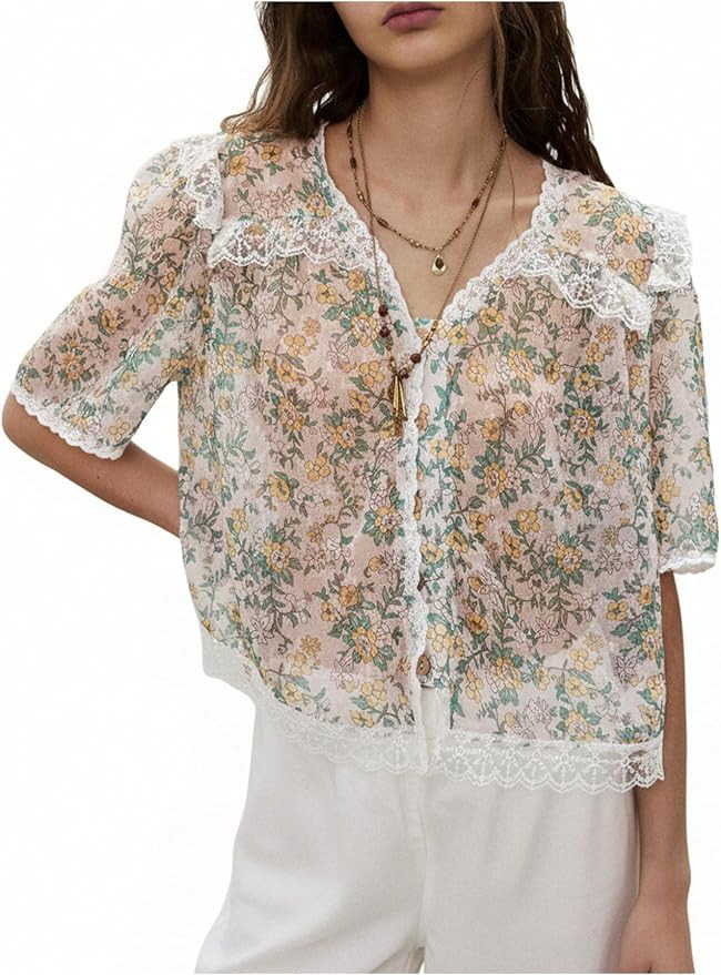 SweatyRocks Women's Boho Floral Sheer Lace Trim Button Down Shirt | Amazon (US)