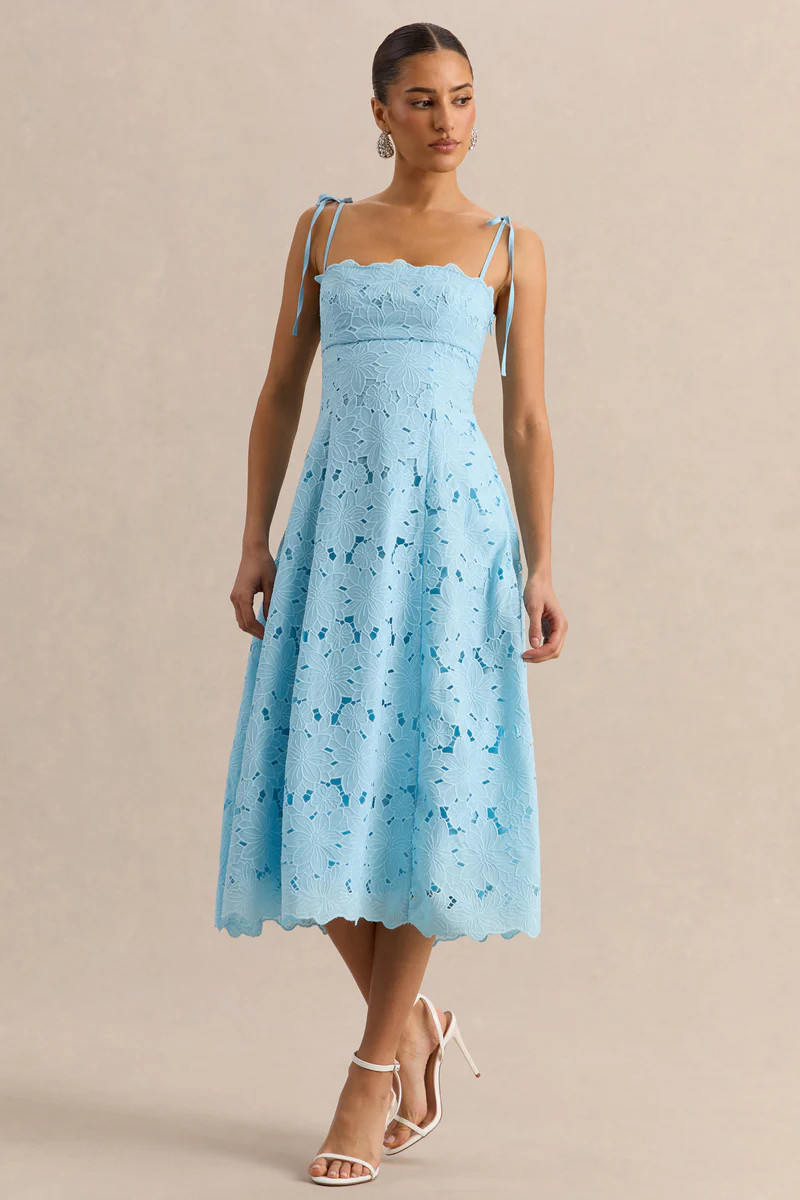 Anna  Embroidered Powder Blue Square-Neck Midi Dress | Club L London