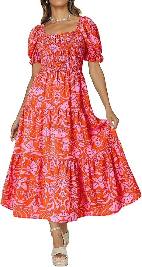 PRETTYGARDEN Womens Summer Puff Sleeve Floral Square Neck Smocked Boho Flowy A Line Long Dresses | Amazon (US)