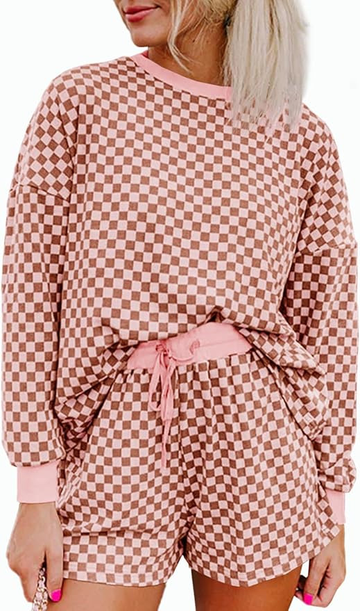 Tankaneo Womens 2 Piece Outfits Oversized Long Sleeve Checkered Plaid Tops Elastic Waist Shorts 2... | Amazon (US)