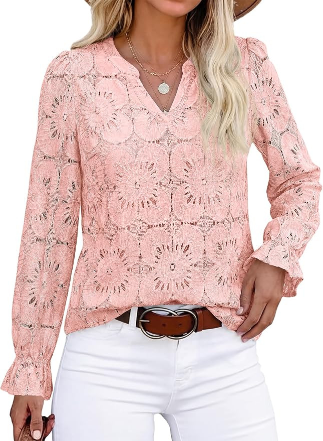 KIRUNDO Lace Tops for Women Eyelet Crochet Dressy Casual Long Sleeve Blouse | Amazon (US)