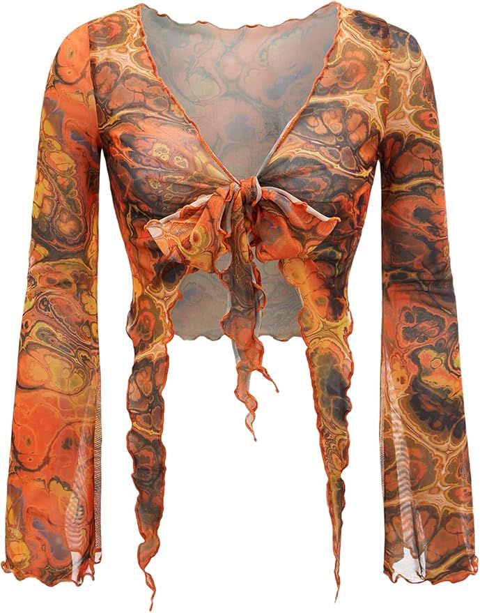 SheIn Women's Graphic Mesh Tie Front Blouse Deep V Neck Split Long Sleeve Asymmetrical Hem Shirt ... | Amazon (US)
