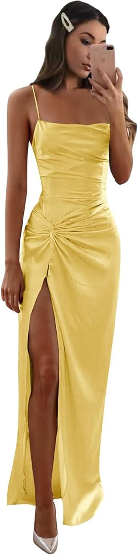 Mermaid Satin Bridesmaid Dresses for Women Wedding Spaghetti Straps Pleated Formal Evening Gown w... | Amazon (US)