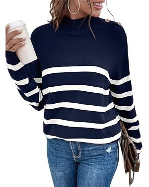 LONGYUAN Women Winter Turtle Necks Striped Knit Sweater Long Sleeve Pullover Casual Color Block S... | Amazon (US)