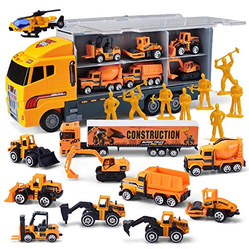 CUTE STONE 25 in 1 Construction Trucks Push and Go Car Carrier Truck Toy, Play Vehicles with Sounds  | Amazon (US)