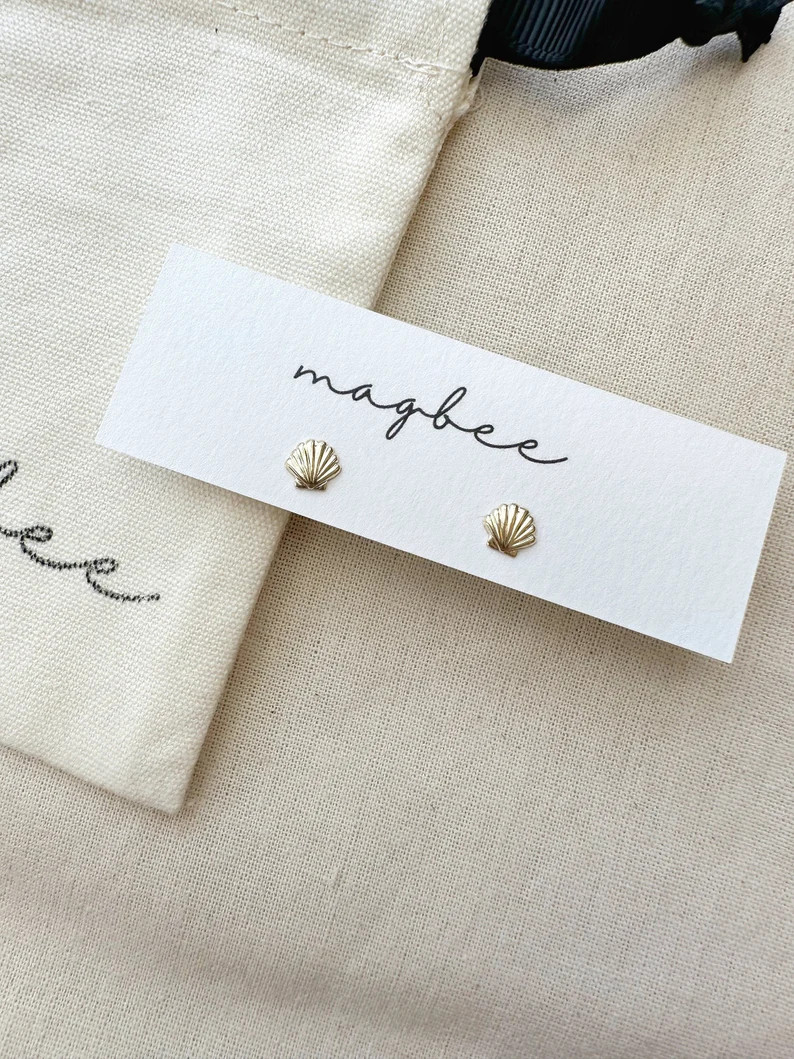 Shell Stud Earrings, Tiny 14K Gold Filled Shell Earrings, Minimalist Stud Earrings, Ocean Earring... | Etsy (US)