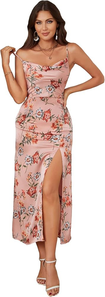 Aigeman Women's Sexy Spaghetti Straps Backless Maxi Dress Drape Cowl Neck Side Slit Cocktail Part... | Amazon (US)