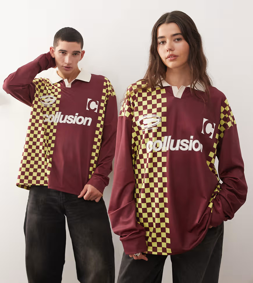 COLLUSION Unisex long sleeve checkerboard soccer t-shirt in burgundy-Brown | ASOS (Global)