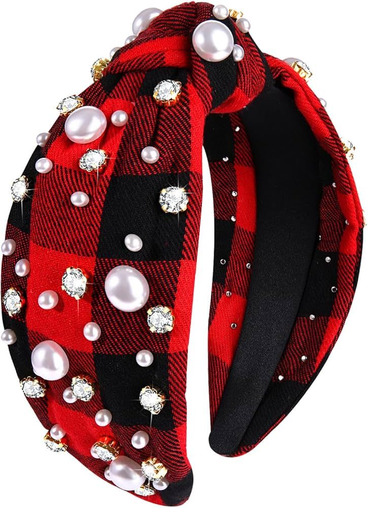 NVENF Christmas Headband for Women Jeweled Xmas Plaid Headband Embellished Crystal Pearl Knotted ... | Amazon (US)