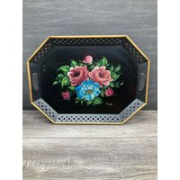 Nashco Hand Painted Rectangular Metal Tole Work Decorative Tray Floral Design Reticulated Sides Gold Trim Vintage Home Bar Entertaining | Etsy (US)