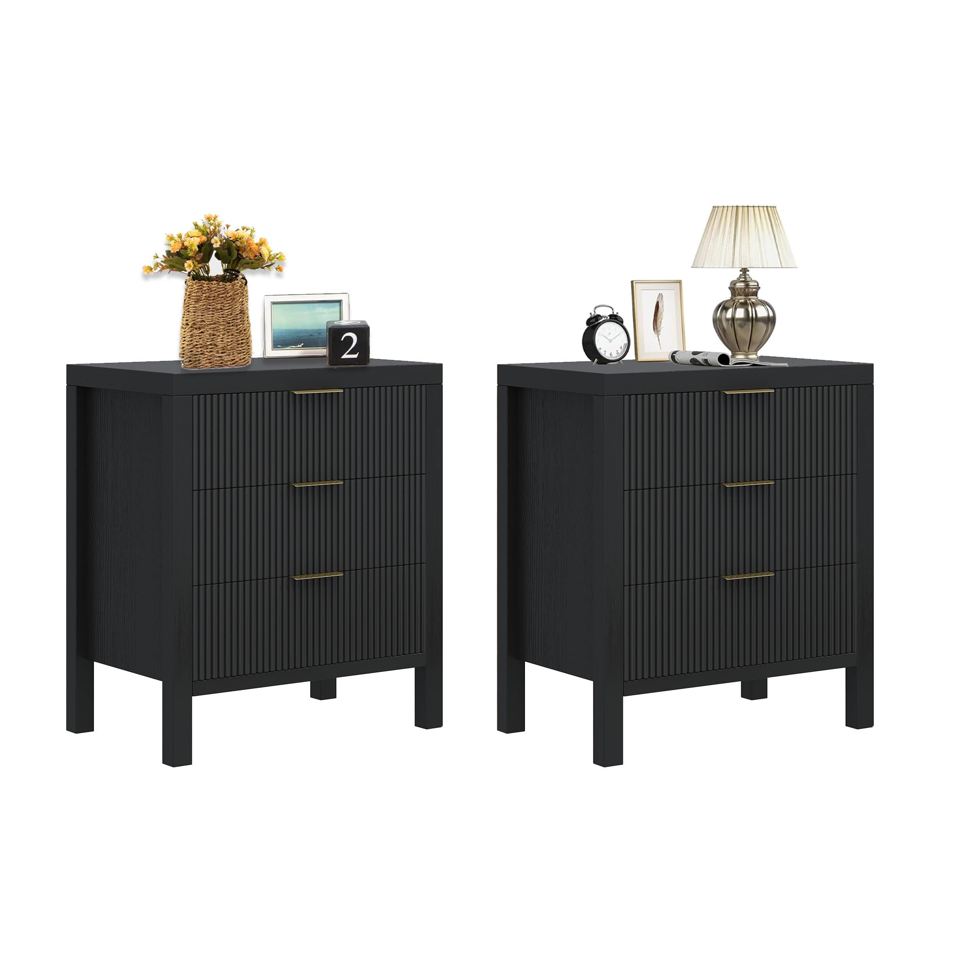 Fluted Nightstands Set of 2, Wooden Farmhouse Night Stands with 6 Drawer Bedside Table - Boho Tal... | Amazon (US)