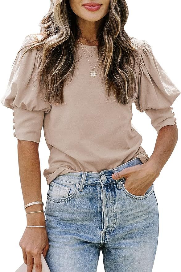 DOROSE Women's Casual Tops Puff Sleeve Loose Blouses T Shirts | Amazon (US)