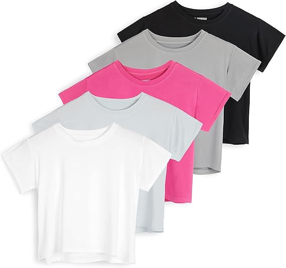 Real Essentials 5 Pack: Women's Dry Fit Crop Top - Short Sleeve Crew Neck Stretch Athletic Tee (A... | Amazon (US)