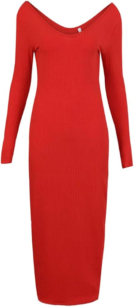 Zyyfly Women Fall Sexy V Neck Knit Long Sleeve Solid Ribbed Bodycon Midi Dress | Amazon (US)