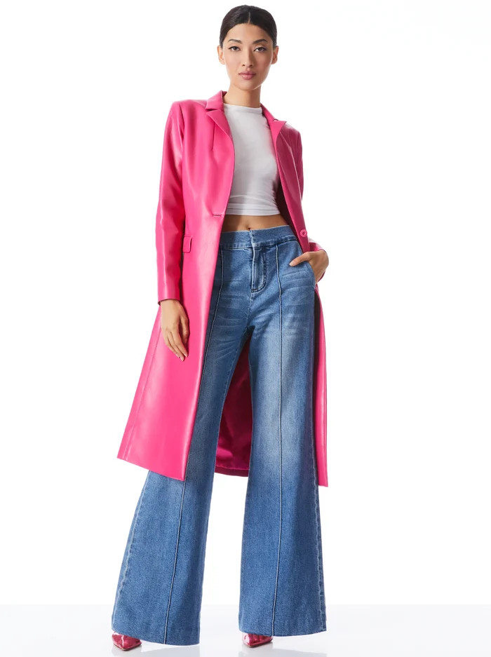 MACEY VEGAN LEATHER NOTCH COLLAR LONG BLAZER | Alice + Olivia