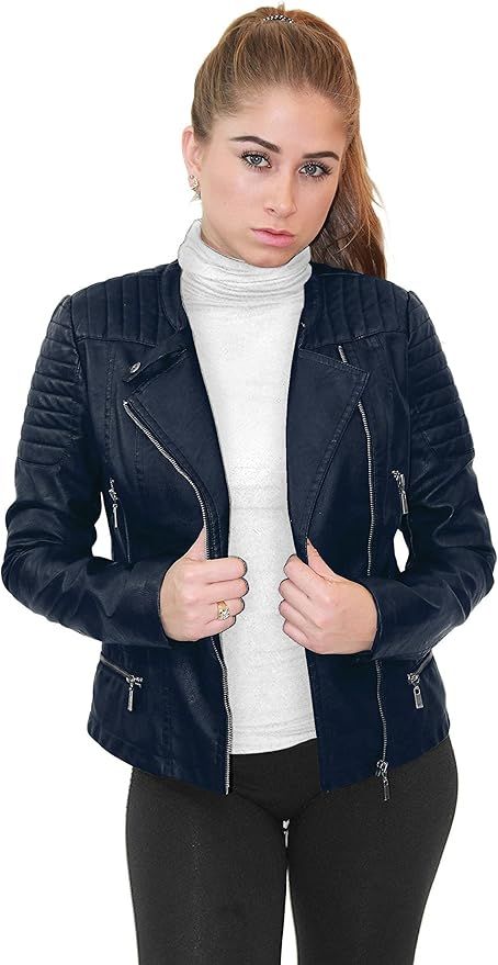 Olivia Miller Womens Faux Leather Zip Up Moto Biker Jacket | Amazon (US)