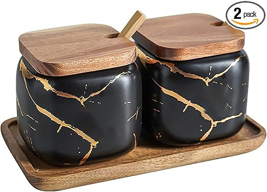 JFFLYIT 2 Sets of Marble Ceramic Sugar Bowl Ceramic Seasoning Jars with Wooden Lid and Wooden Spo... | Amazon (US)
