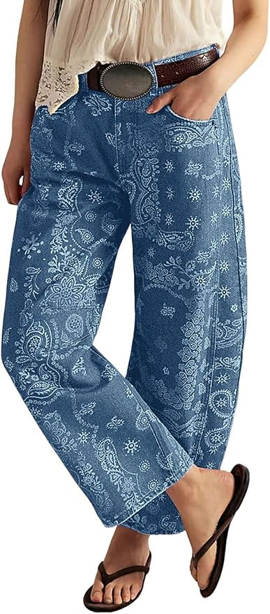 loveimgs Women Boyfriend Baggy Barrel Jeans Floral Print Denim Ankle Pants Wide Leg Mid Rise Jean... | Amazon (US)