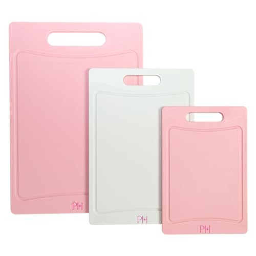 Paris Hilton Cutting Boards, Dual-Sided Cutting Board Set with Built-in Juice Grooves, Easy-Grip Handles, Heavy-Duty Plastic Made without BPA, Dishwasher Safe, 3-Piece Set, Pink and Cream | Amazon (US)