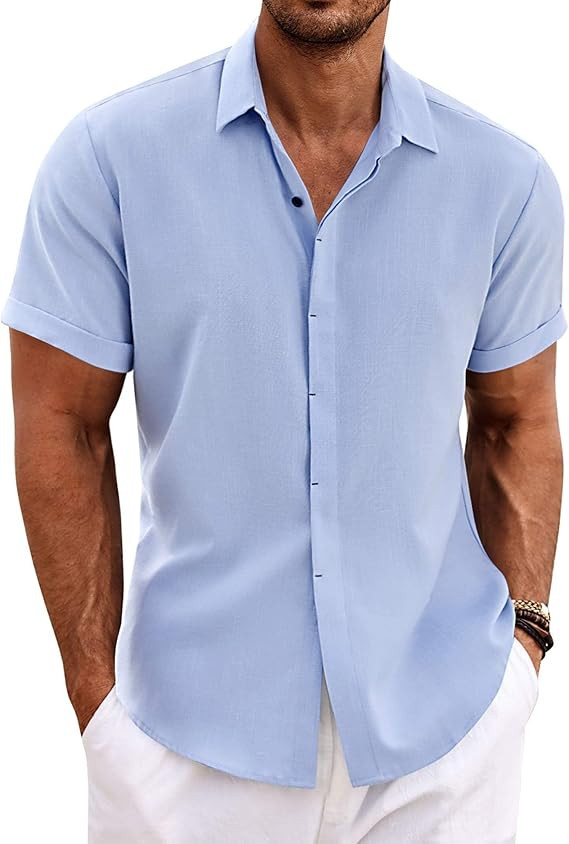COOFANDY Men's Linen Shirts Short Sleeve Casual Shirts Button Down Shirt for Men Beach Summer Wed... | Amazon (US)