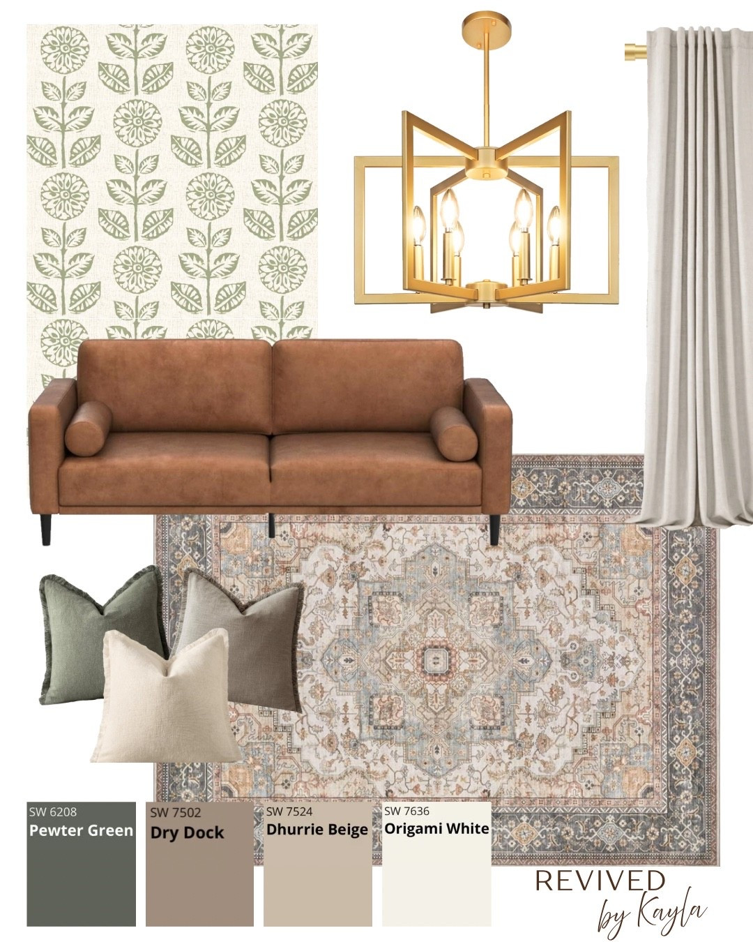 Green, brown, and beige living room design from Amazon 🤎 I absolutely love this rug and wallpaper 😍

#homedecor #livingroomdecor #livingroomdesign #greendecor #homedesign #cozy #modern #moderndecor #modernhome #greenwallpaper #amazonfinds Sherwin Williams paint colors, leather couch, green wallpaper, throw pillows, gold chandelier light fixture, neutral green and brown rug, beige curtains #amazon #amazonhome 

#LTKFindsUnder50 #LTKFindsUnder100 #LTKHome