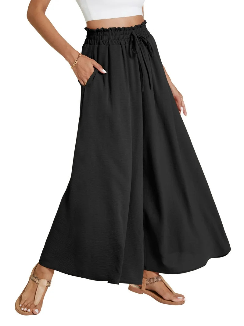 Airmenty Palazzo Pants For Women Casual Wide Leg Pants High Waist Pants Lounge Beach Trousers wit... | Walmart (US)