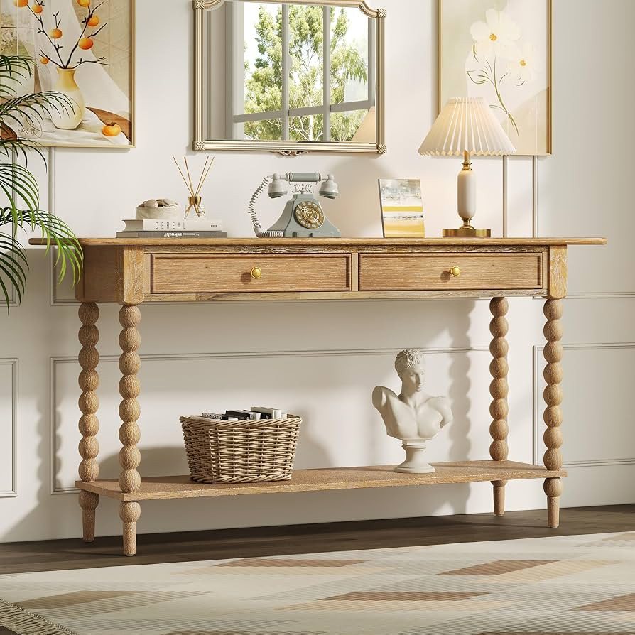 Merax Natural Console Table with 2 Drawers & Open Storage Shelf, Classic Victorian-Style Leg Rect... | Amazon (US)