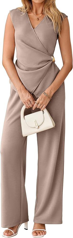 Glamaker Women's 2 Piece Outfits Summer V Neck Sleeveless Wrap Ruched Top and Wide Leg Pants Busi... | Amazon (US)