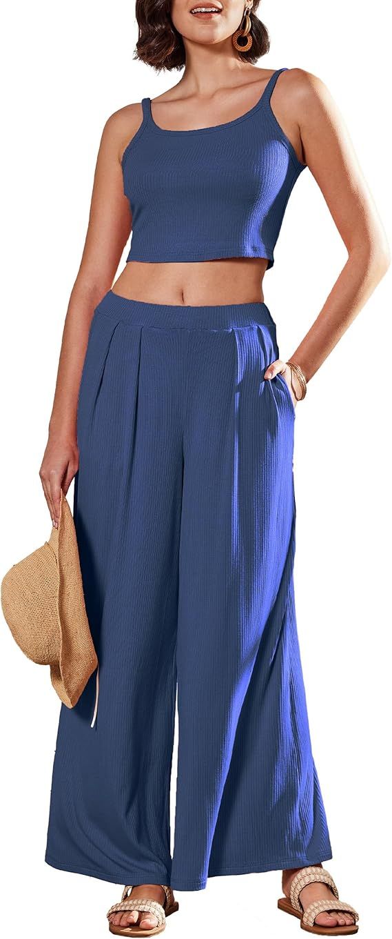 Womens Pajamas Set Lounge Sets Ribbed Knit Tank Tops and High Waisted Wide Leg Pants Summer 2 pie... | Amazon (US)