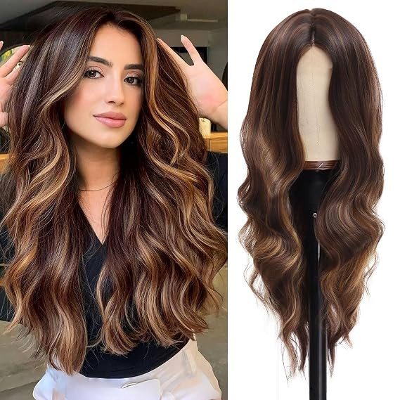 Mairead Long Brown Highlight Wavy Wig Curly Synthetic Lace Front Wigs for Black Women Long Middle... | Amazon (US)