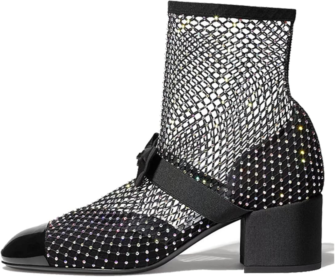Goolita Rhinestone Bow Slip On Mesh Boots Patent Leather Round Cloesd Toe Summer Booties Sexy Blo... | Amazon (US)