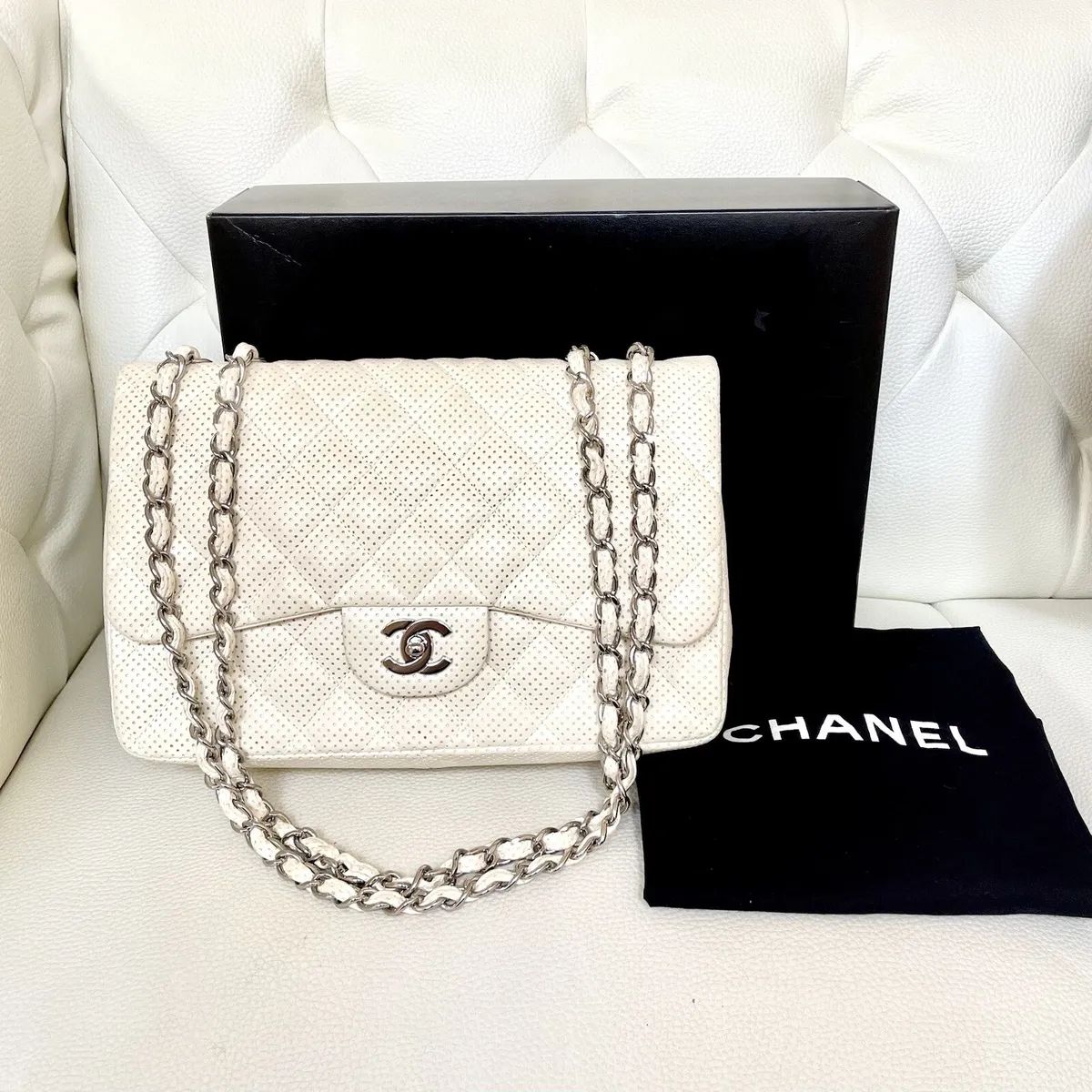 CHANEL Lambskin Perforated Jumbo Single Flap White | eBay US