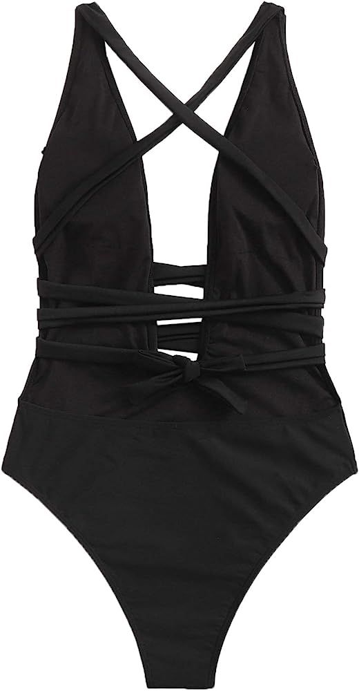 SweatyRocks Women's Sexy Basic Criss Cross Tie Knot Front Deep V Open Back One Piece Swimwear | Amazon (US)