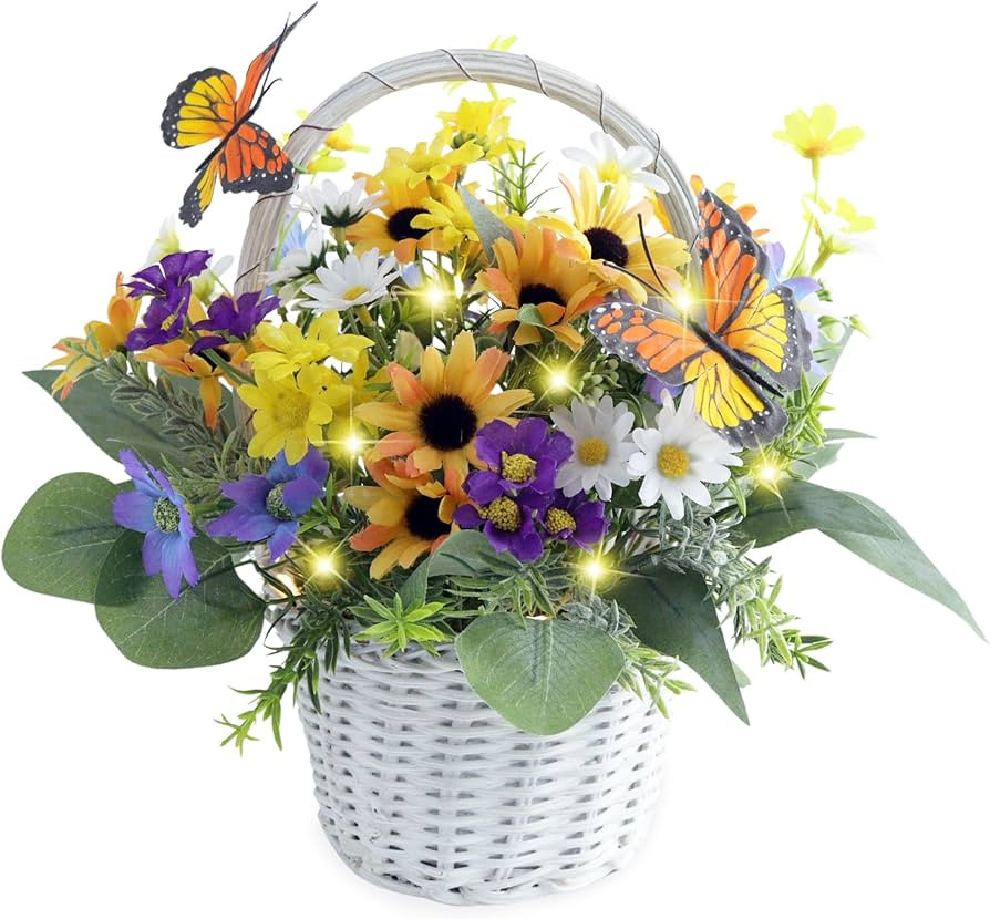 Eksen Artificial Flowers in Basket Vase with Lights, Faux Floral Arrangement for Table,Home Kitch... | Amazon (US)