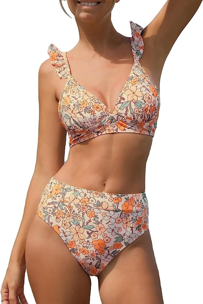 CUPSHE Women Bikini Sets 2 Piece Swimsuit High Waisted Bottom Floral Print Ruffle V Neck Bathing ... | Amazon (CA)