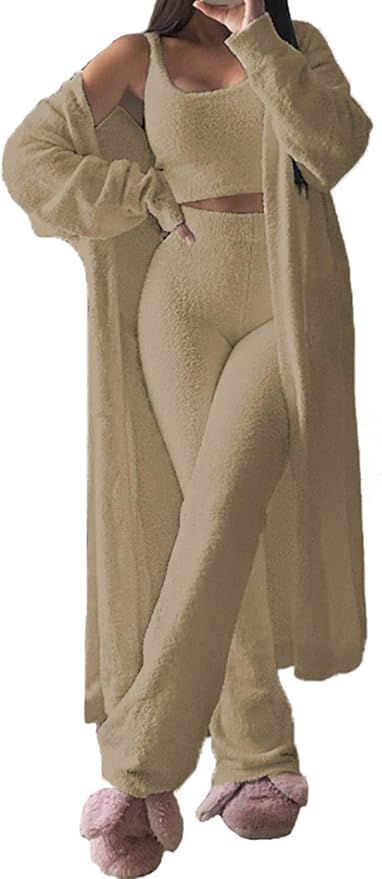 TOLENY Women's Fuzzy 3 Piece Lounge Sets Sweatsuits Open Front Cardigan Crop Tank Tops Wide Legs ... | Amazon (US)