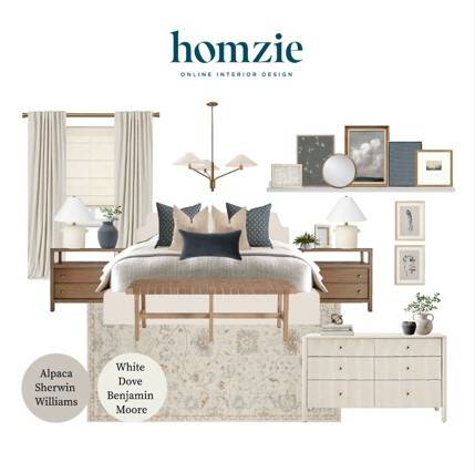 A bedroom designed with warm neutrals like Alpaca by Sherwin Williams and White Dove by Benjamin Moore, featuring a wood bed frame, white distressed dresser, navy and beige accent pillows, a Persian-style rug, soft neutral curtains, a brass chandelier, and framed abstract and nature-inspired wall art. 

 #LTKHome #LTKSaleAlert #LTKStyleTip