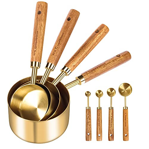 GuDoQi Gold Measuring Cups and Spoons Set of 8, Wood Handle with Metric and US Measurements, Premium Stainless Steel, Golden Polished Finish, Dry & Liquid Measuring Cup for Cooking and Baking | Amazon (US)