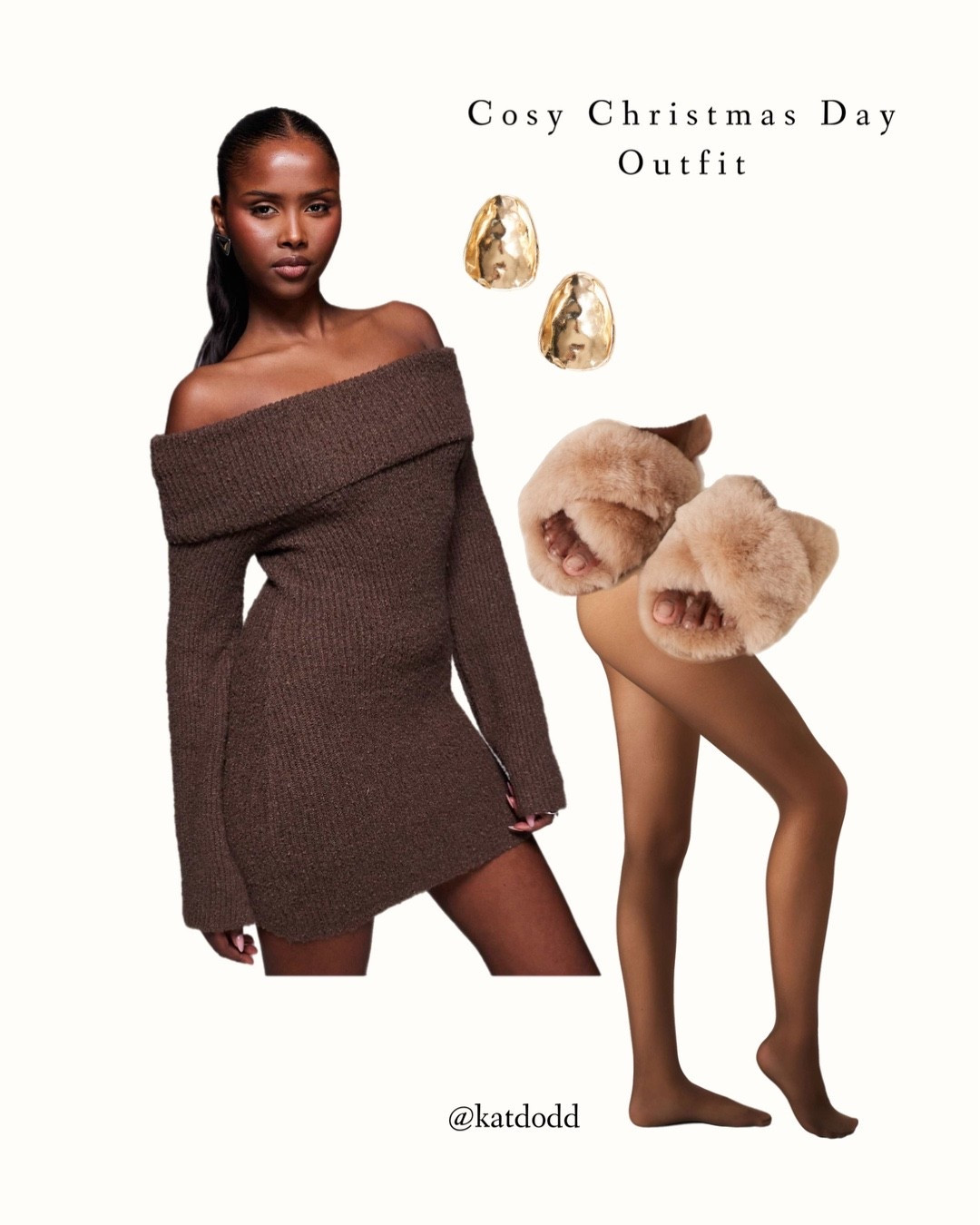 Cosy Christmas Day outfit 🤎 

Knit Bardot dress brown tights 30 denier furry slippers nude beige gold jewellery 

#LTKuk #LTKwinter #LTKfestive