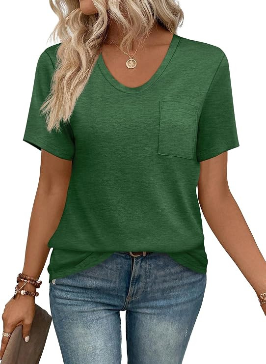 WIHOLL Women Summer T Shirts Short Sleeve Rounded V Neck Pocket Tee Tops | Amazon (US)