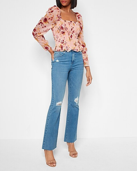 Floral Square Neck Smocked Body Top | Express