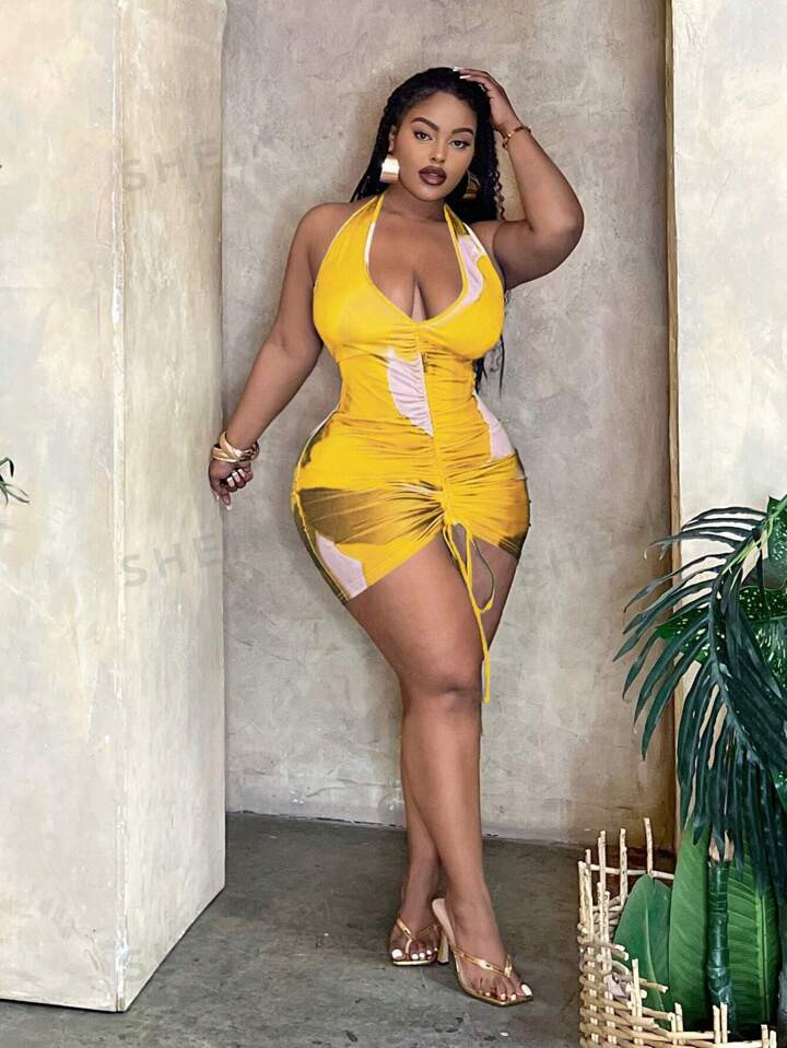 SHEIN Slayr SLAYR PLUS Beach Clean Color Sexy Halter Tie Dye Print Plus Size Mini Dress With Draw... | SHEIN