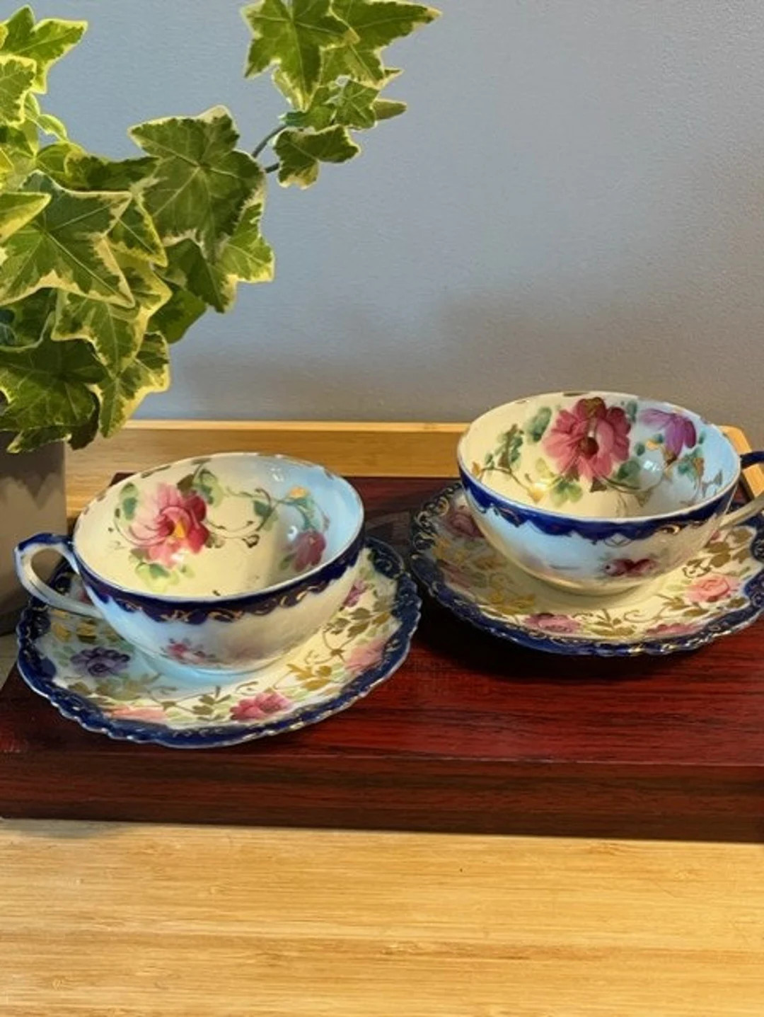 Nippon Vtg Antique Pair of Hand Painted Roses Gold Gilt Trim Flow Blue Cobalt Teacups & Saucers -... | Etsy (US)