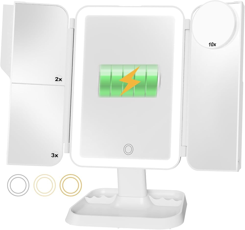 Rechargeable Tri-fold Makeup Mirror with Lights Lighted Makeup Mirror with 1X/2X/3X/10X Magnifica... | Amazon (US)