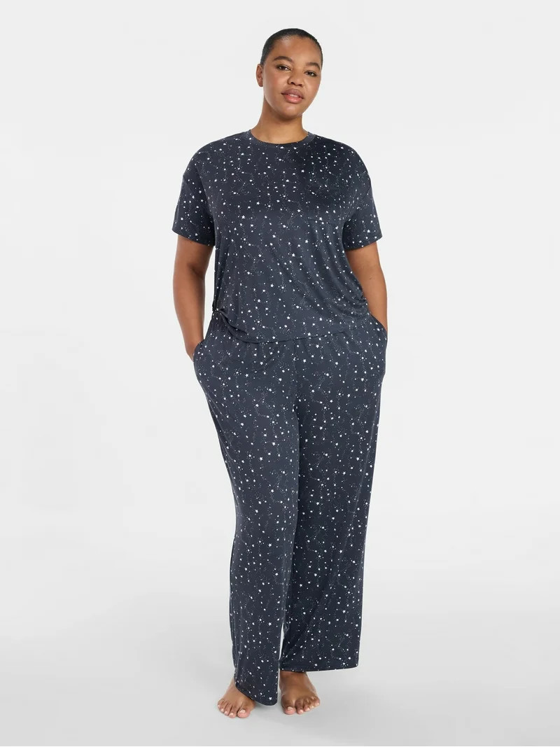 Joyspun Women's Dreamy Soft Collection Short Sleeve Sleep Top and Open Leg Pants Pajama Set, 2-Pi... | Walmart (US)