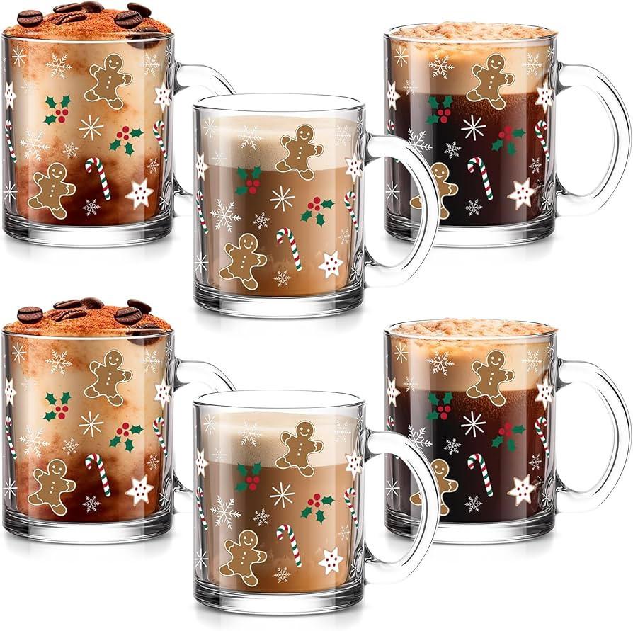 Maxcheck 6 Pack 12 oz Christmas Coffee Mugs Gingerbread Glass Cups Xmas Gifts Bulk Clear Drinking... | Amazon (US)