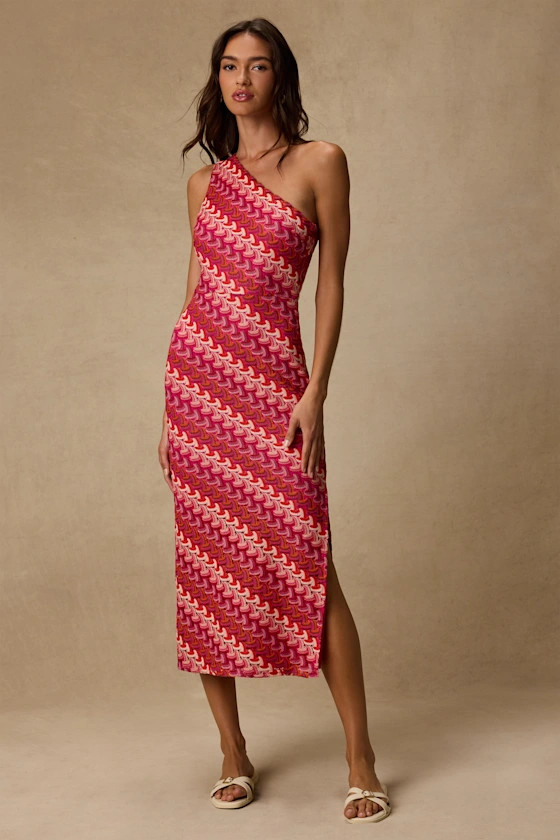 Reya Pink Multi Crochet Chevron One-Shoulder Midi Dress | Lulus